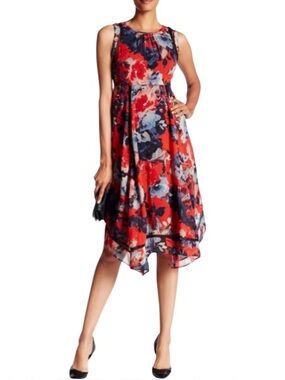 Vibrant Red and Navy Floral Midi Dress by Just...Taylor